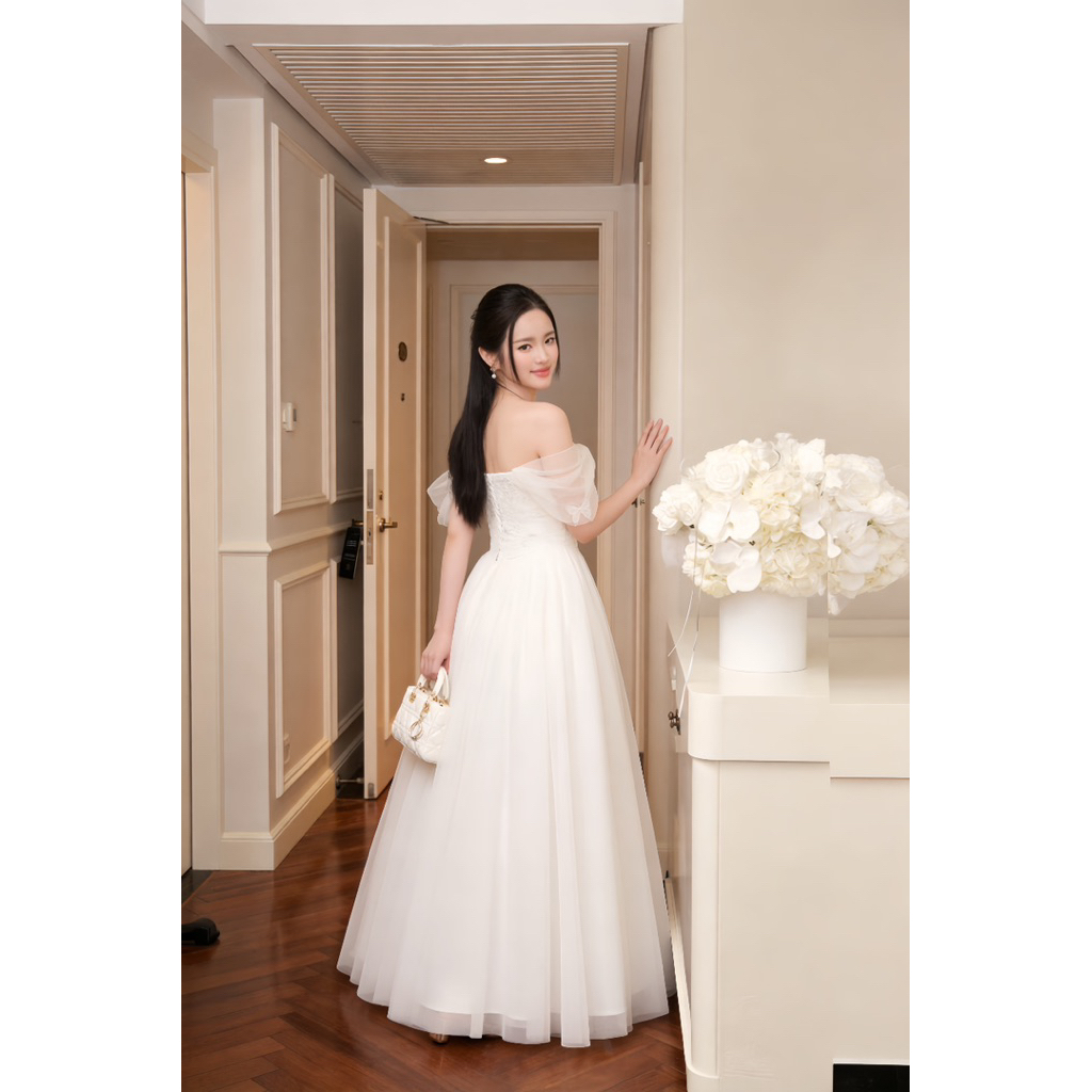 Đầm Váy Dự Tiệc LASY Thời Trang Nữ Dáng Dài Trễ Vai Đính Đá Phối Lưới Chuẩn Xòe Siêu Bồng Bềnh