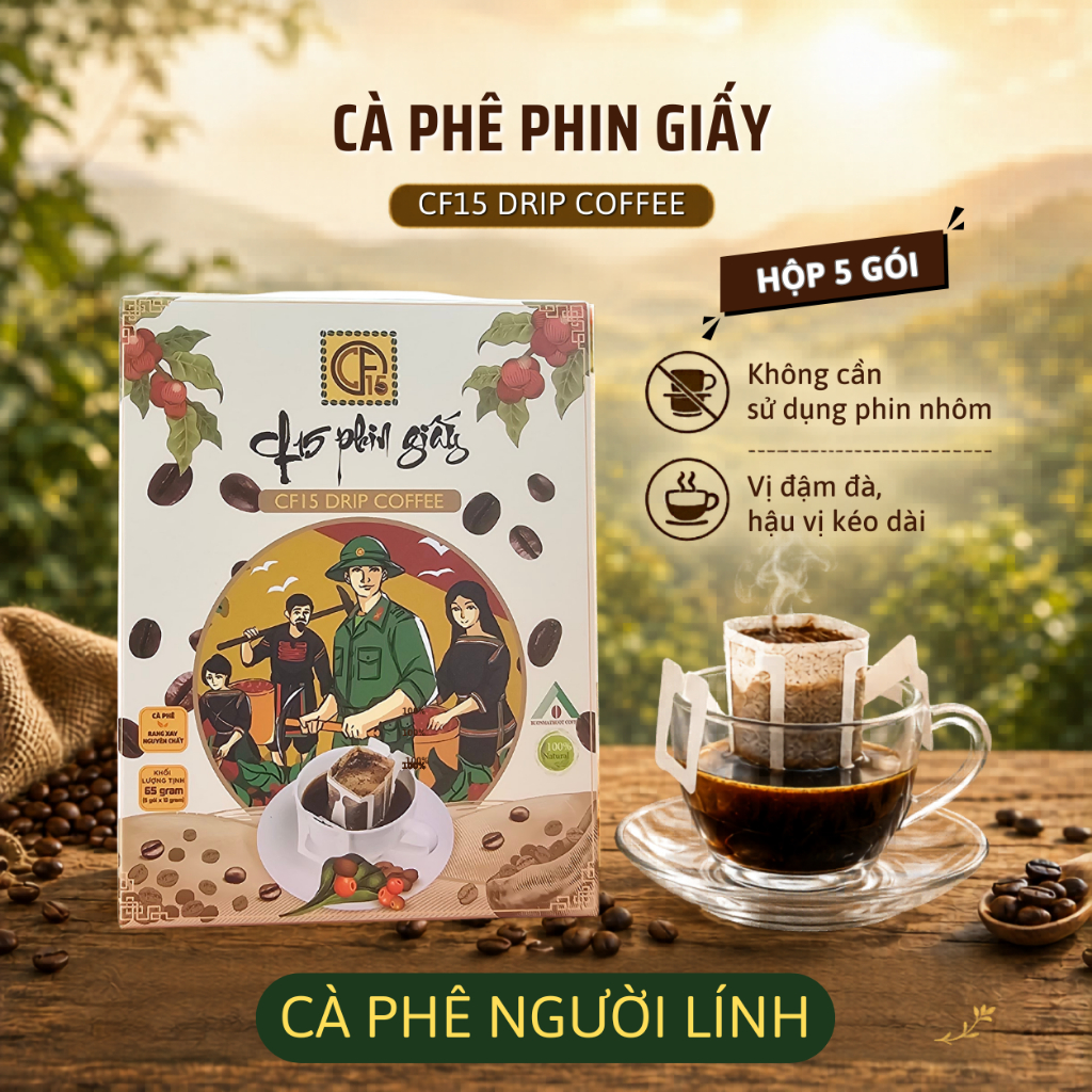 Cà Phê Phin Giấy - Hộp 5 Gói - CF15 Cà Phê Người Lính ( Robusta Nguyên Chất)