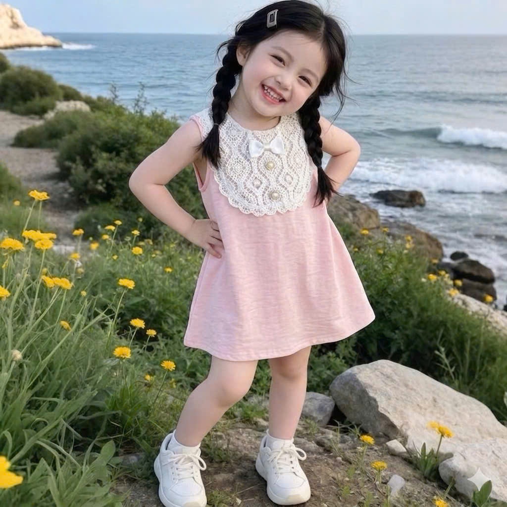 VÁY SUÔNG CHẤT ĐŨI TƠ PHỐI REN CỔ NƠ ĐÍNH NGỌC TRAI CHO BÉ GÁI . ĐỦ sz cho bé từ 8-30kg