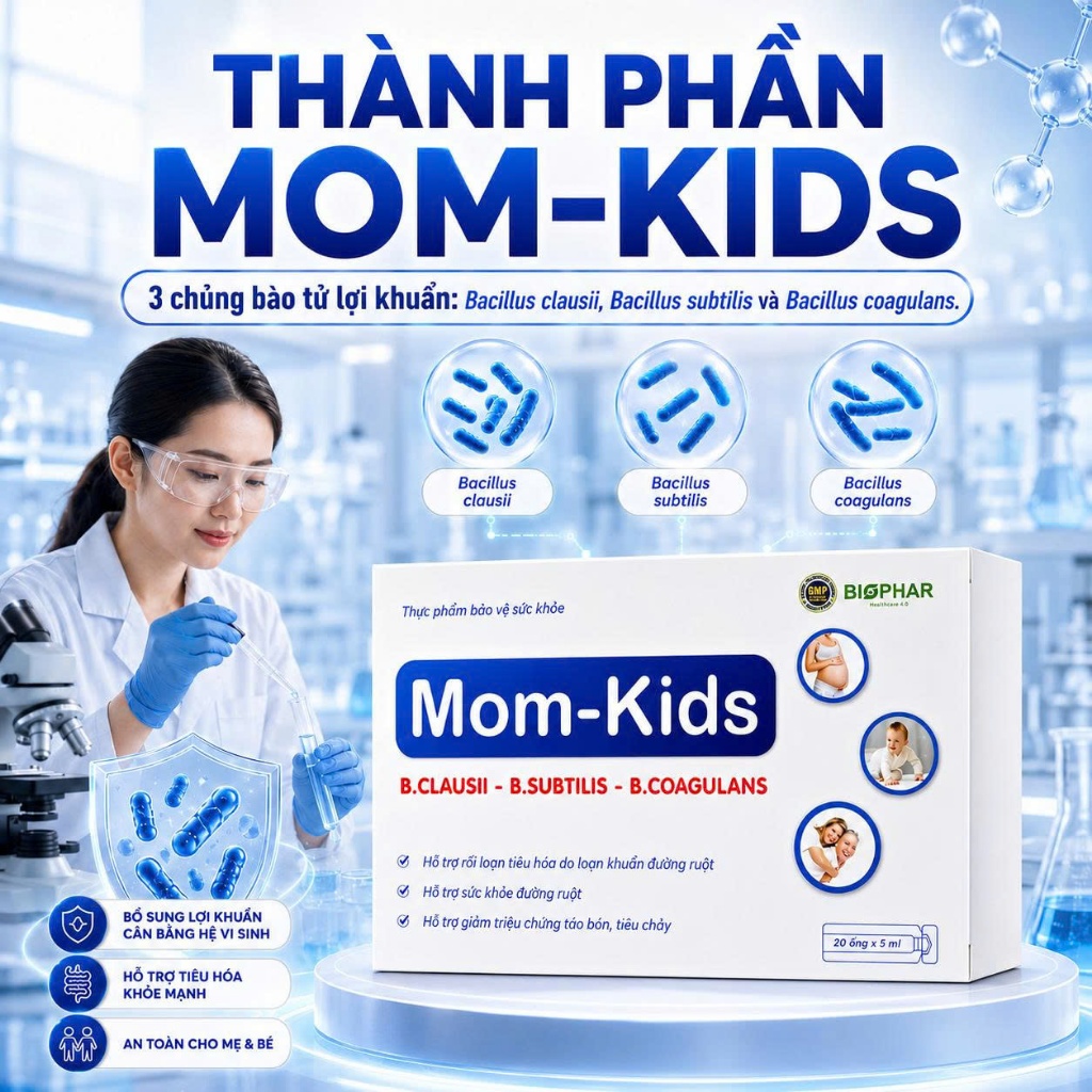 Men vi sinh Biophar Mom Kids cho bé hỗ trợ giảm rối loạn tiêu hóa, kích thích ăn ngon, hấp thụ dinh dưỡng - 20 ống 5ml