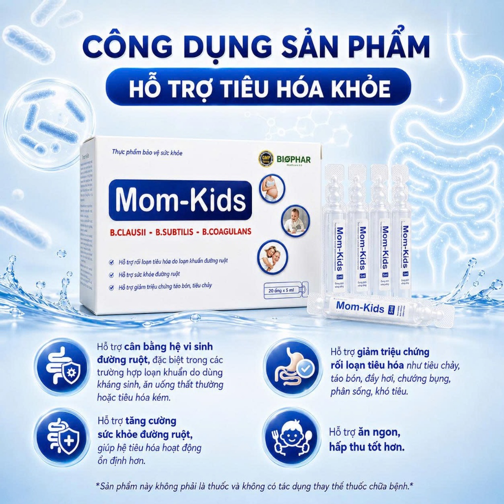 Men vi sinh Biophar Mom Kids cho bé hỗ trợ giảm rối loạn tiêu hóa, kích thích ăn ngon, hấp thụ dinh dưỡng - 20 ống 5ml