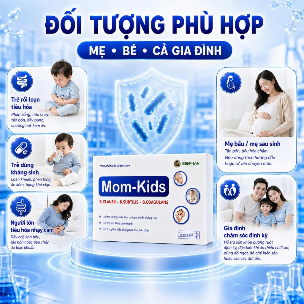 Men vi sinh Biophar Mom Kids cho bé hỗ trợ giảm rối loạn tiêu hóa, kích thích ăn ngon, hấp thụ dinh dưỡng - 20 ống 5ml