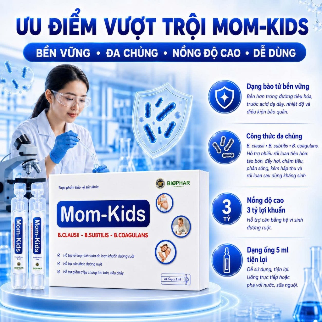 Men vi sinh Biophar Mom Kids cho bé hỗ trợ giảm rối loạn tiêu hóa, kích thích ăn ngon, hấp thụ dinh dưỡng - 20 ống 5ml