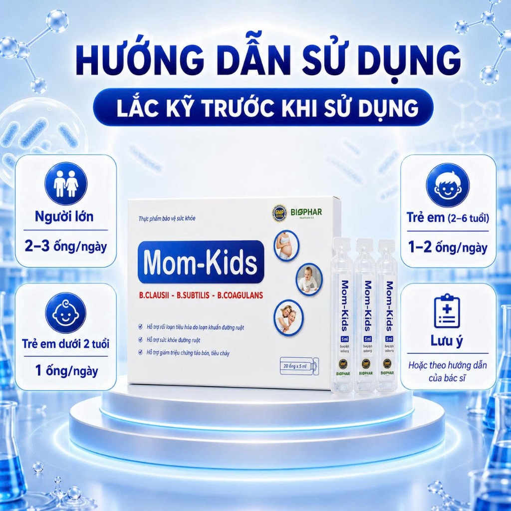 Men vi sinh Biophar Mom Kids cho bé hỗ trợ giảm rối loạn tiêu hóa, kích thích ăn ngon, hấp thụ dinh dưỡng - 20 ống 5ml