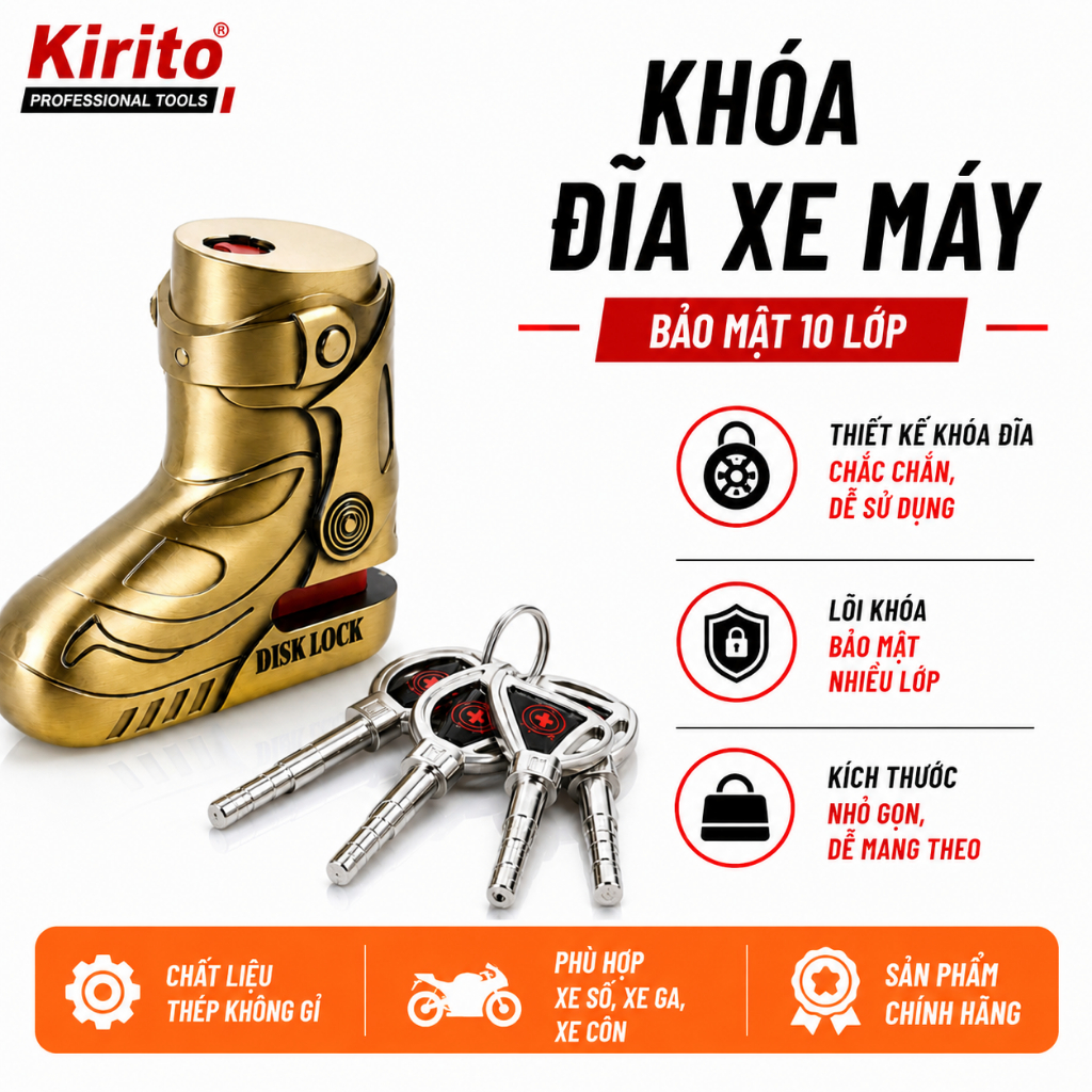 Khóa Đĩa Xe Chống Cắt Thép Không Gỉ Hình Giày - Bảo Mật 10 Lớp, 4 Chìa