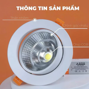 Đèn âm trần xoay góc chỉnh góc Asia Spotlight mặt kính COB, chỉnh góc, chiếu điểm, chiếu rọi bảo hành năm