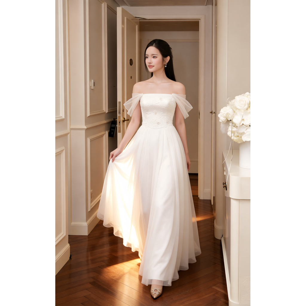 Đầm Váy Dự Tiệc LASY Thời Trang Nữ Dáng Dài Trễ Vai Đính Đá Phối Lưới Chuẩn Xòe Siêu Bồng Bềnh