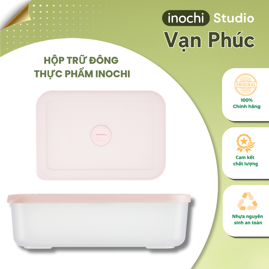 Hộp trữ đông thực phẩm Inochi. Thiết kế nút lưu giữ ngày, thực phẩm không dính đá, nhựa PP an toàn, hộp trữ ngăn đông