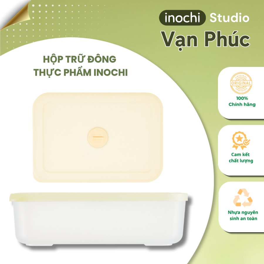 Hộp trữ đông thực phẩm Inochi. Thiết kế nút lưu giữ ngày, thực phẩm không dính đá, nhựa PP an toàn, hộp trữ ngăn đông
