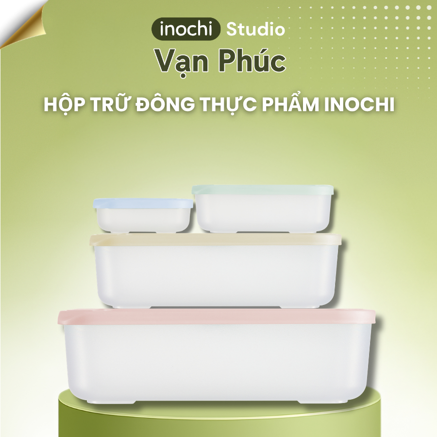 Hộp trữ đông thực phẩm Inochi. Thiết kế nút lưu giữ ngày, thực phẩm không dính đá, nhựa PP an toàn, hộp trữ ngăn đông
