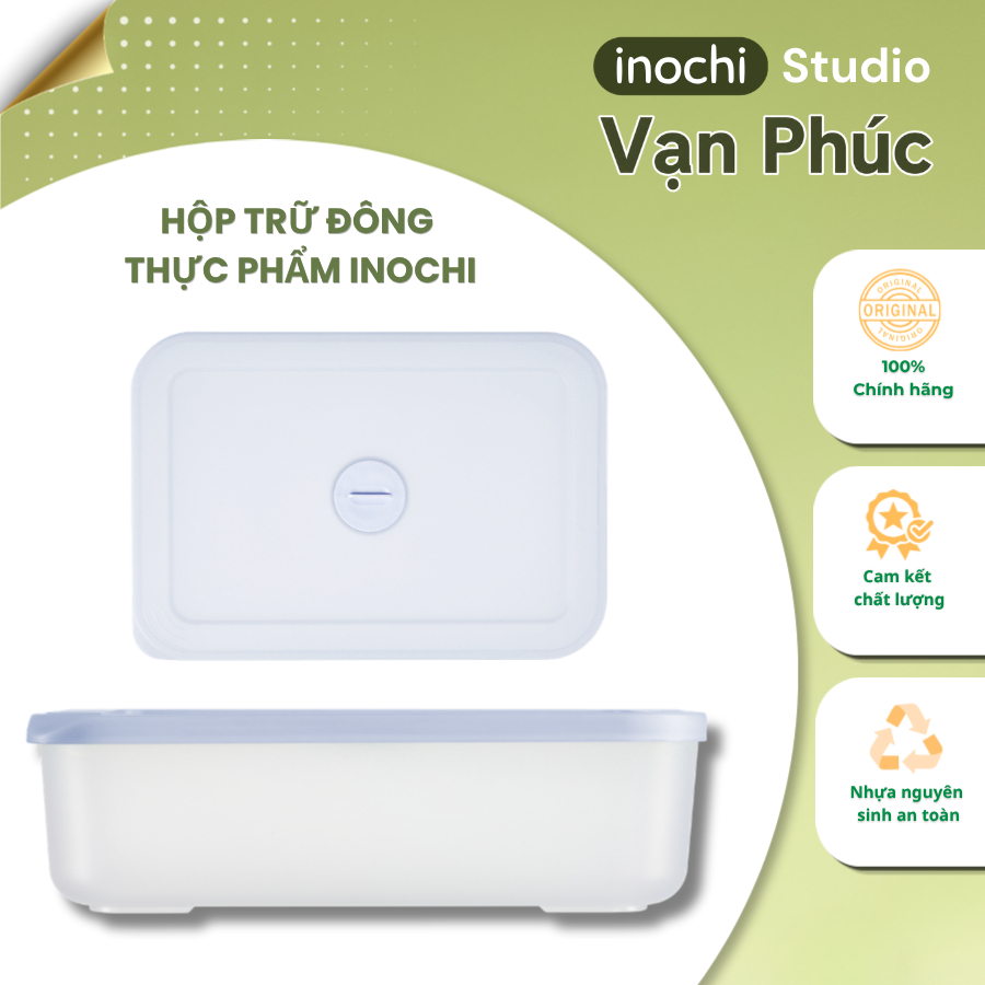 Hộp trữ đông thực phẩm Inochi. Thiết kế nút lưu giữ ngày, thực phẩm không dính đá, nhựa PP an toàn, hộp trữ ngăn đông