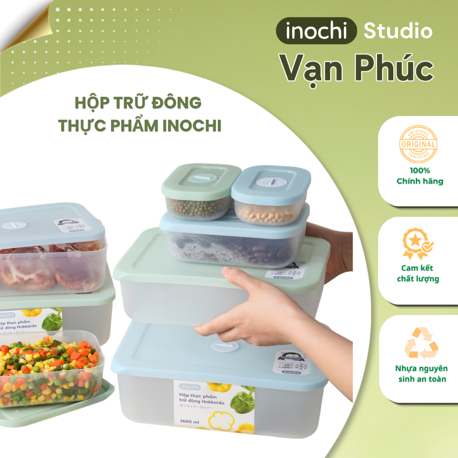 Hộp trữ đông thực phẩm Inochi. Thiết kế nút lưu giữ ngày, thực phẩm không dính đá, nhựa PP an toàn, hộp trữ ngăn đông