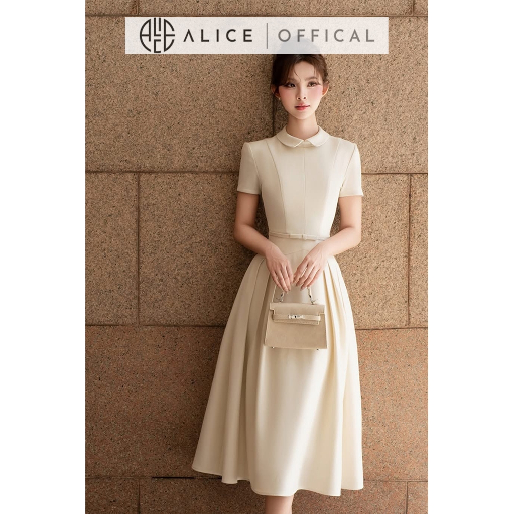 Váy Nữ Công Sở Thanh Lịch Alice Chất Xước Hàn Cao Cấp, Đầm Midi Cổ Sen Phối Xếp Ly, Thắt Đai Eo Dáng Xòe Nữ Tính V1471