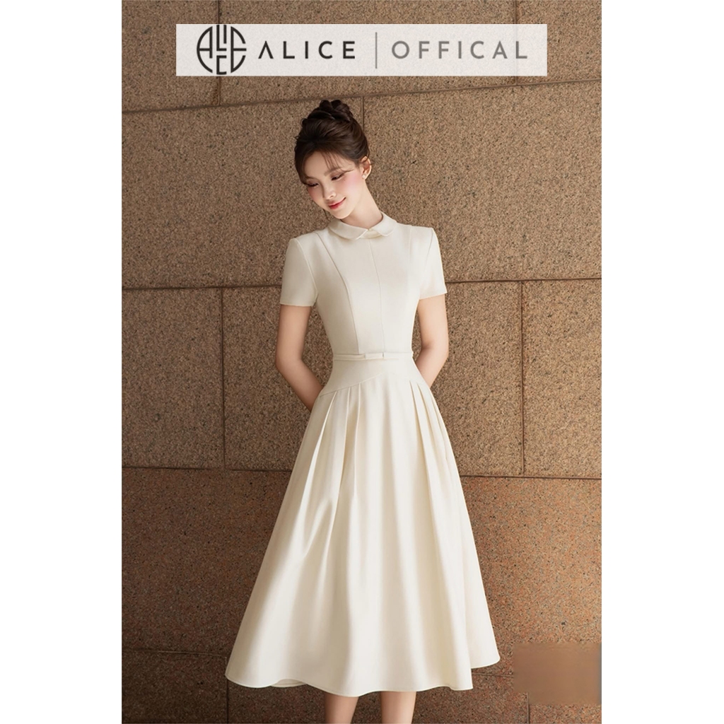 Váy Nữ Công Sở Thanh Lịch Alice Chất Xước Hàn Cao Cấp, Đầm Midi Cổ Sen Phối Xếp Ly, Thắt Đai Eo Dáng Xòe Nữ Tính V1471