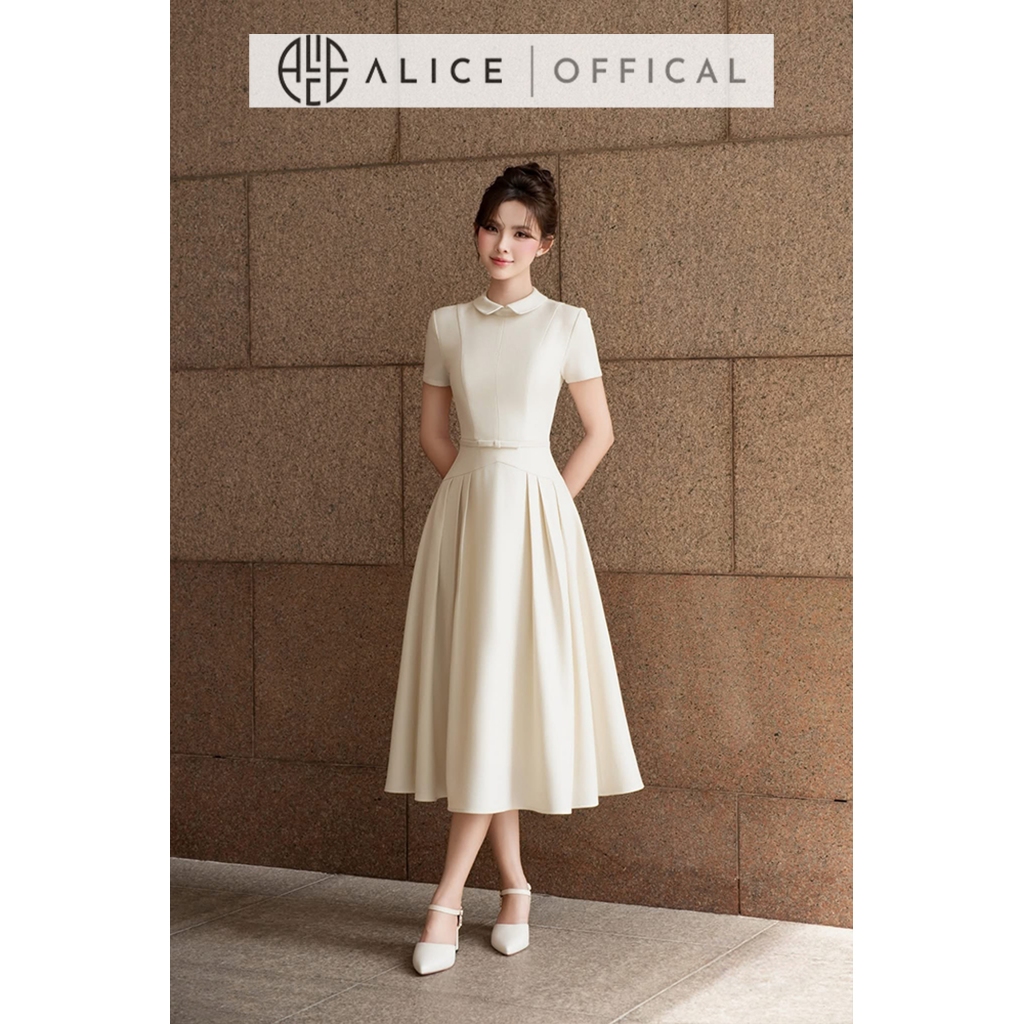 Váy Nữ Công Sở Thanh Lịch Alice Chất Xước Hàn Cao Cấp, Đầm Midi Cổ Sen Phối Xếp Ly, Thắt Đai Eo Dáng Xòe Nữ Tính V1471