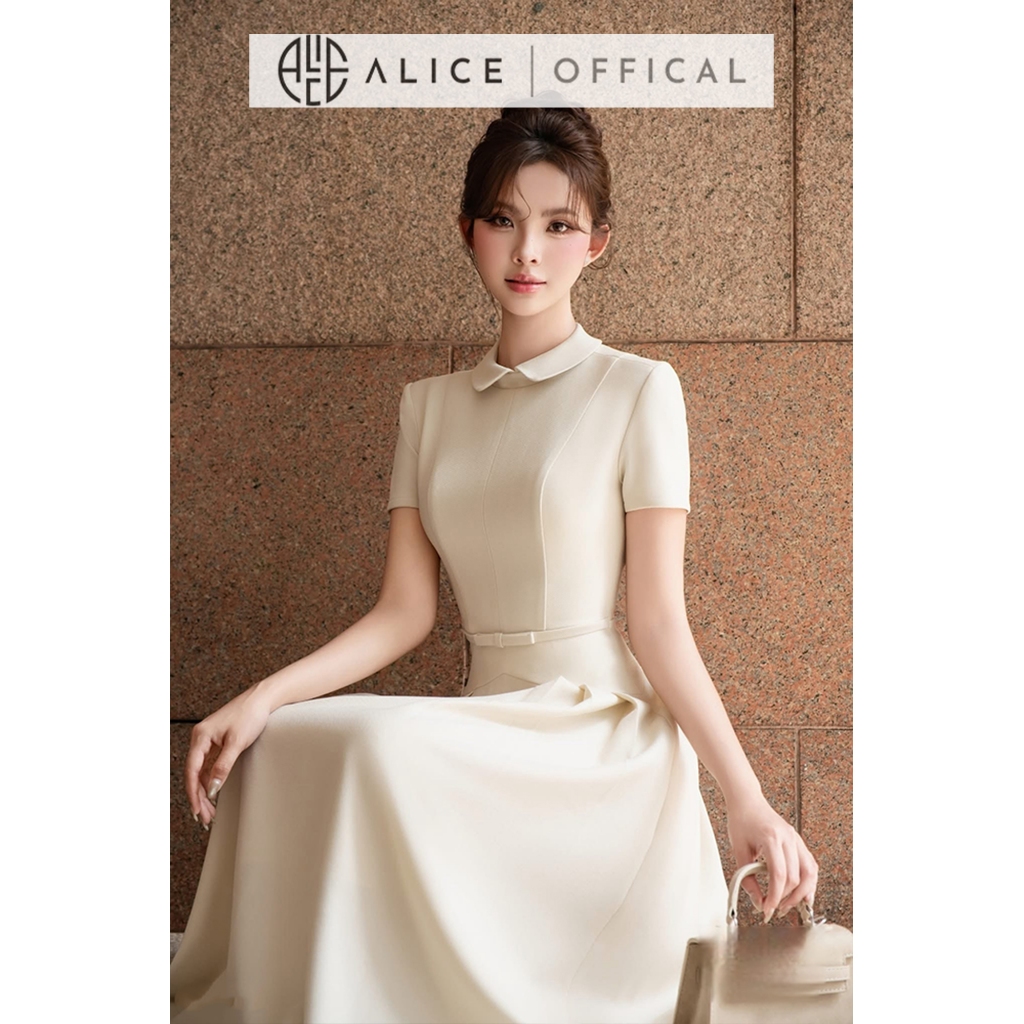 Váy Nữ Công Sở Thanh Lịch Alice Chất Xước Hàn Cao Cấp, Đầm Midi Cổ Sen Phối Xếp Ly, Thắt Đai Eo Dáng Xòe Nữ Tính V1471