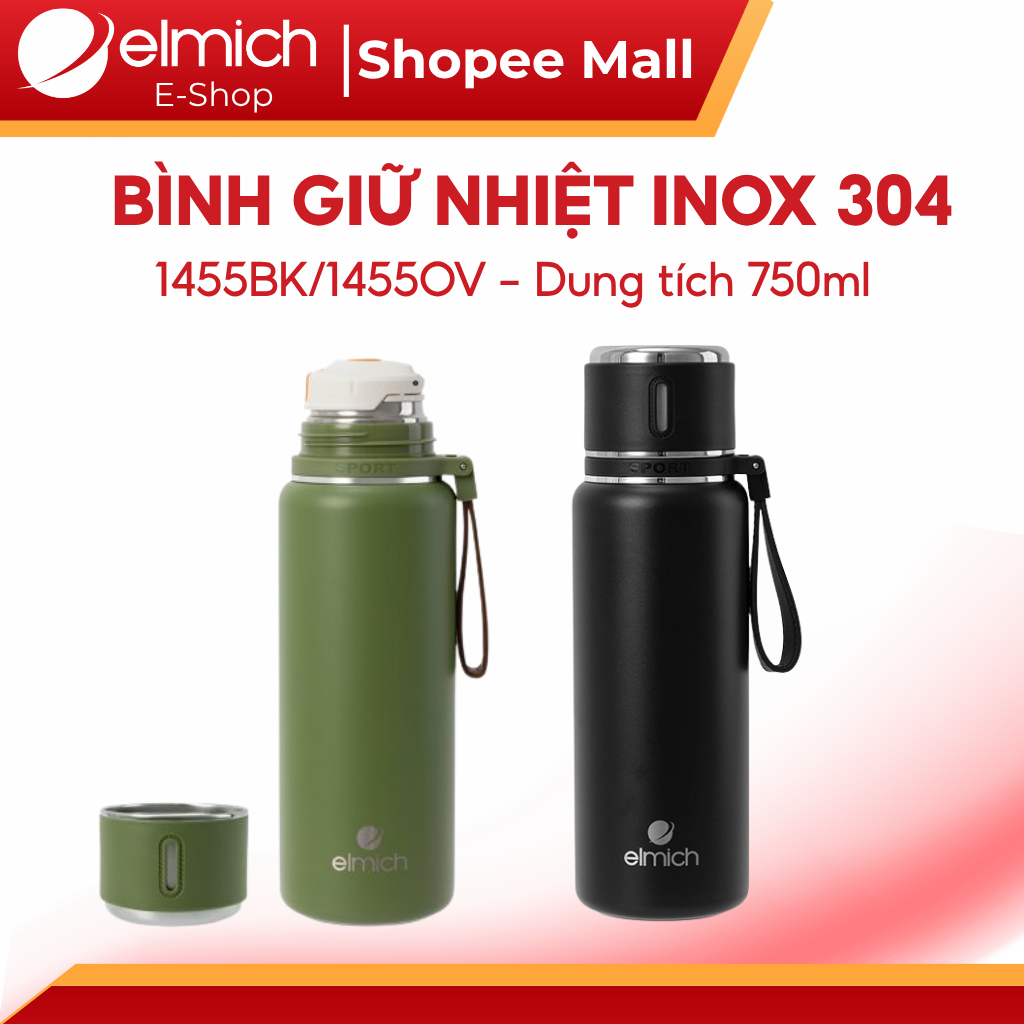 Bình giữ nhiệt inox 304 Elmich EL1455 750ml nắp cốc uống dây quai xách đi học đi làm giữ nóng lạnh