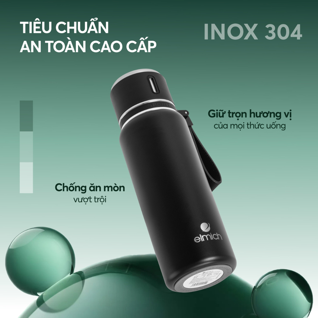 Bình giữ nhiệt inox 304 Elmich EL1455 750ml nắp cốc uống dây quai xách đi học đi làm giữ nóng lạnh