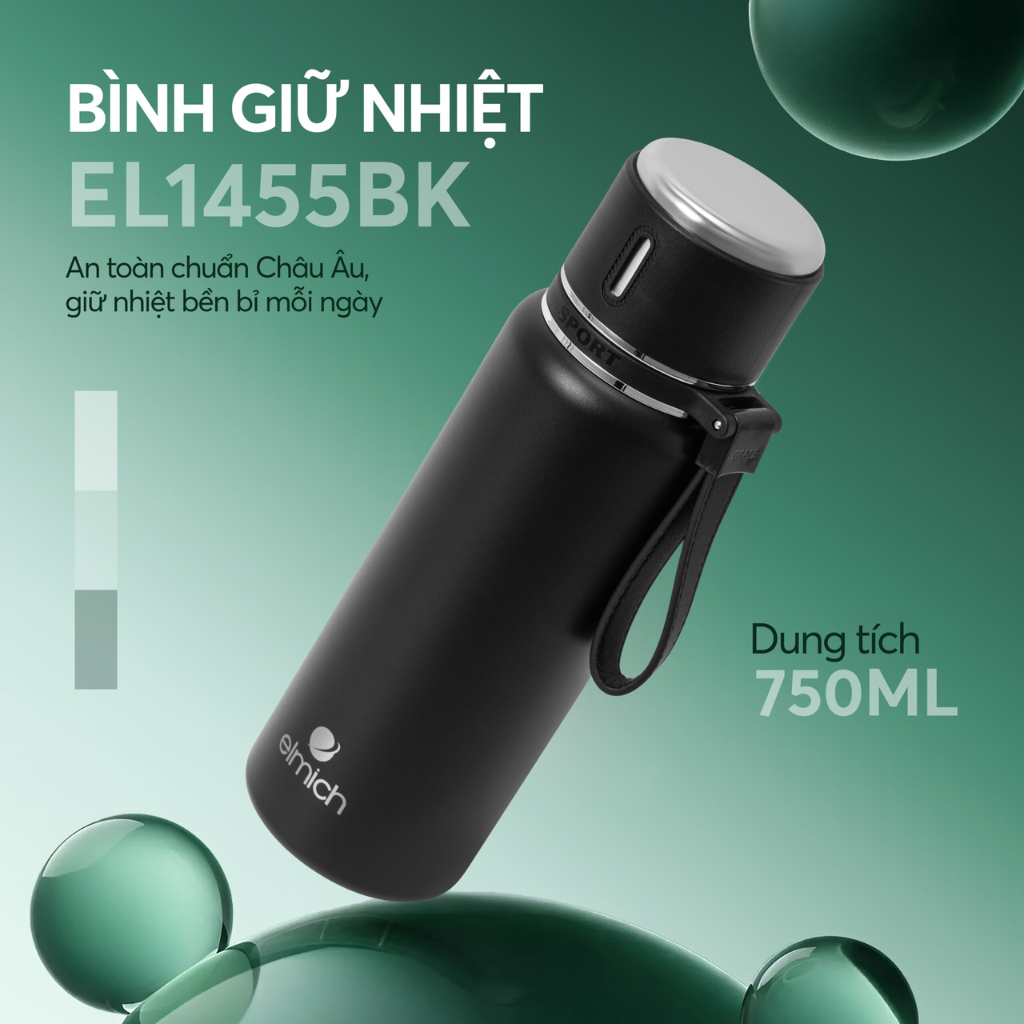 Bình giữ nhiệt inox 304 Elmich EL1455 750ml nắp cốc uống dây quai xách đi học đi làm giữ nóng lạnh