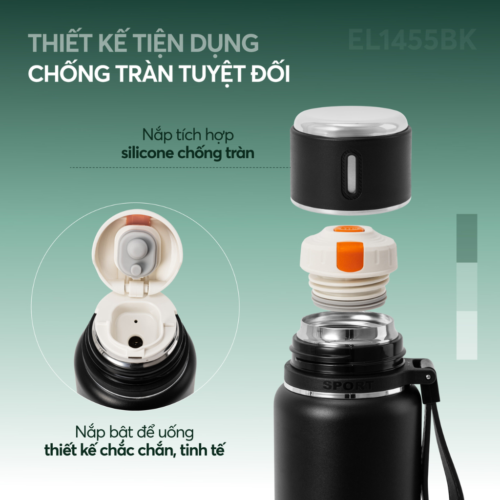 Bình giữ nhiệt inox 304 Elmich EL1455 750ml nắp cốc uống dây quai xách đi học đi làm giữ nóng lạnh