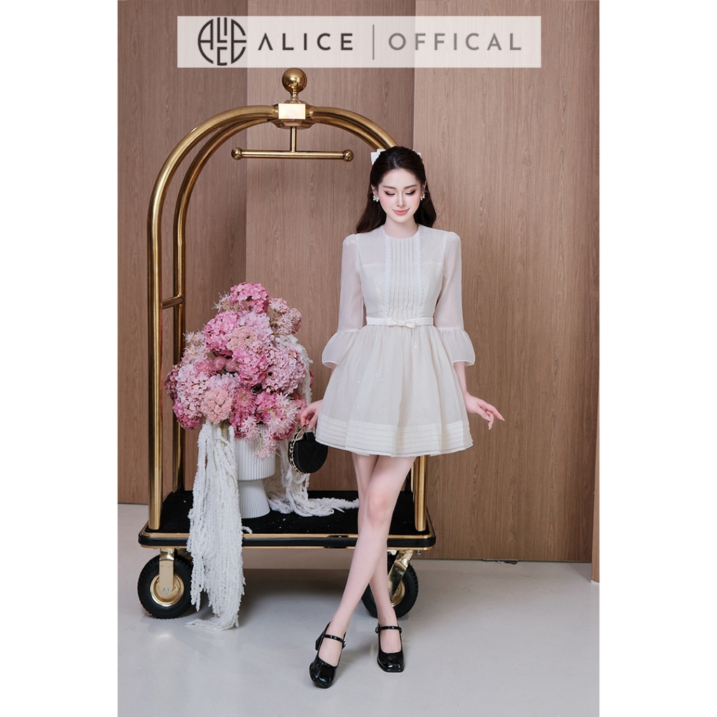 Váy Tơ Tiểu Thư Alice, Đầm Ngắn Chữ A Xòe Phối Ren Kim Sa Cao Cấp Tay Lửng Xòe Bồng Kèm Đai Nơ Tôn Dáng V1472