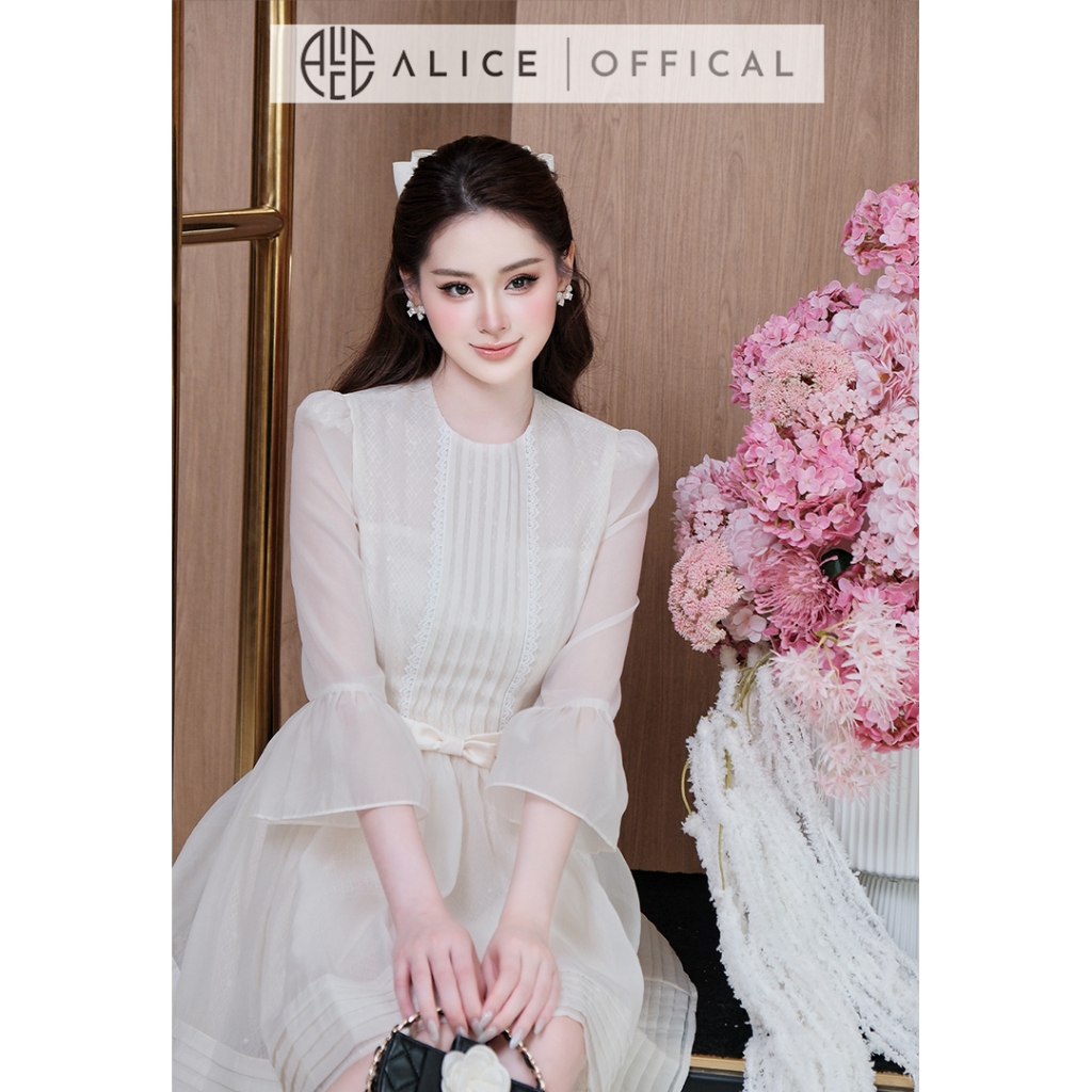 Váy Tơ Tiểu Thư Alice, Đầm Ngắn Chữ A Xòe Phối Ren Kim Sa Cao Cấp Tay Lửng Xòe Bồng Kèm Đai Nơ Tôn Dáng V1472