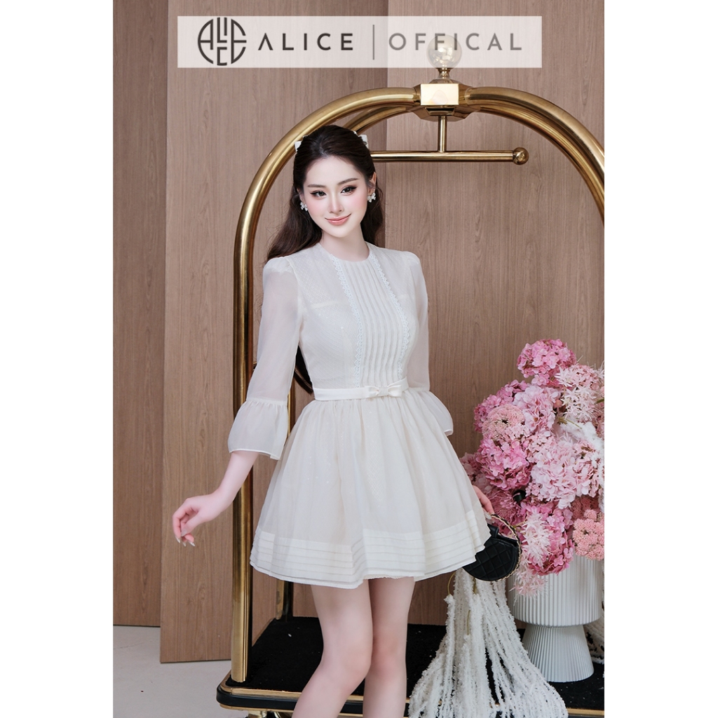 Váy Tơ Tiểu Thư Alice, Đầm Ngắn Chữ A Xòe Phối Ren Kim Sa Cao Cấp Tay Lửng Xòe Bồng Kèm Đai Nơ Tôn Dáng V1472