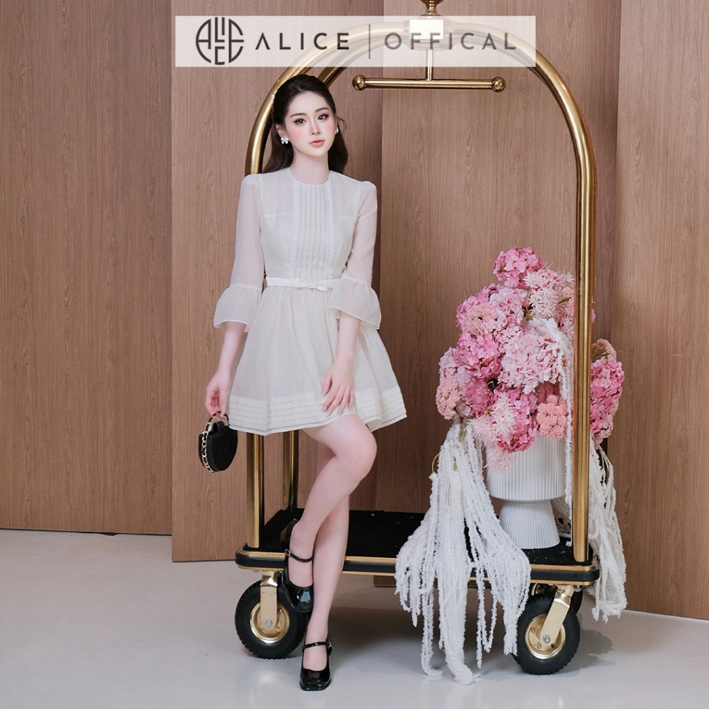 Váy Tơ Tiểu Thư Alice, Đầm Ngắn Chữ A Xòe Phối Ren Kim Sa Cao Cấp Tay Lửng Xòe Bồng Kèm Đai Nơ Tôn Dáng V1472