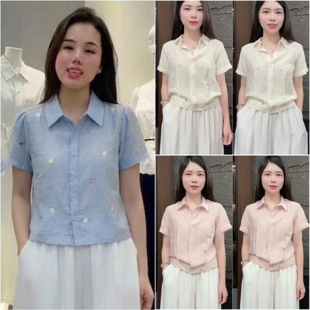 HT41 Áo Linen Thêu Hoa Nổi Tay Ngắn Size 40-70kg Chất Liệu Mềm Nhẹ Mát