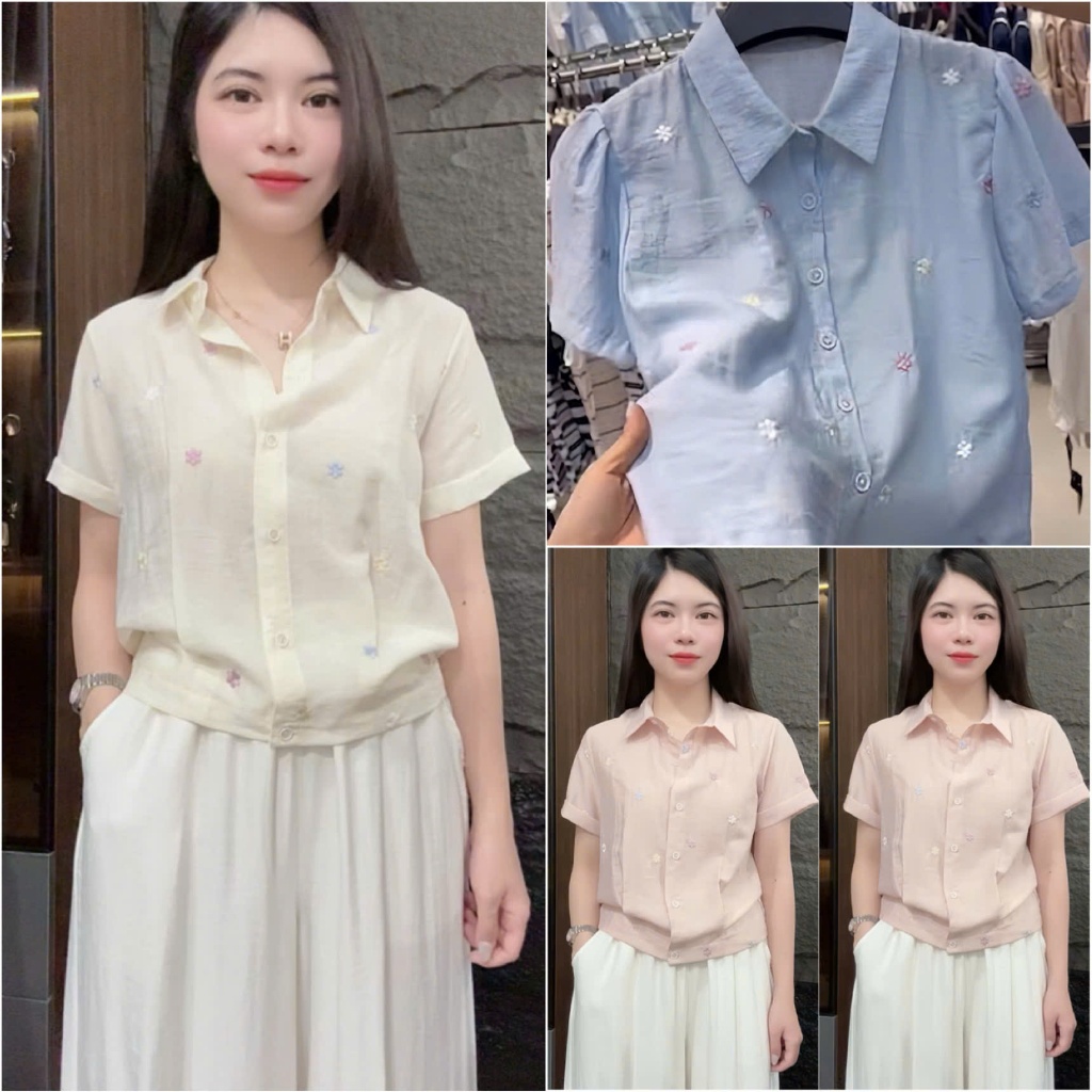 HT41 Áo Linen Thêu Hoa Nổi Tay Ngắn Size 40-70kg Chất Liệu Mềm Nhẹ Mát