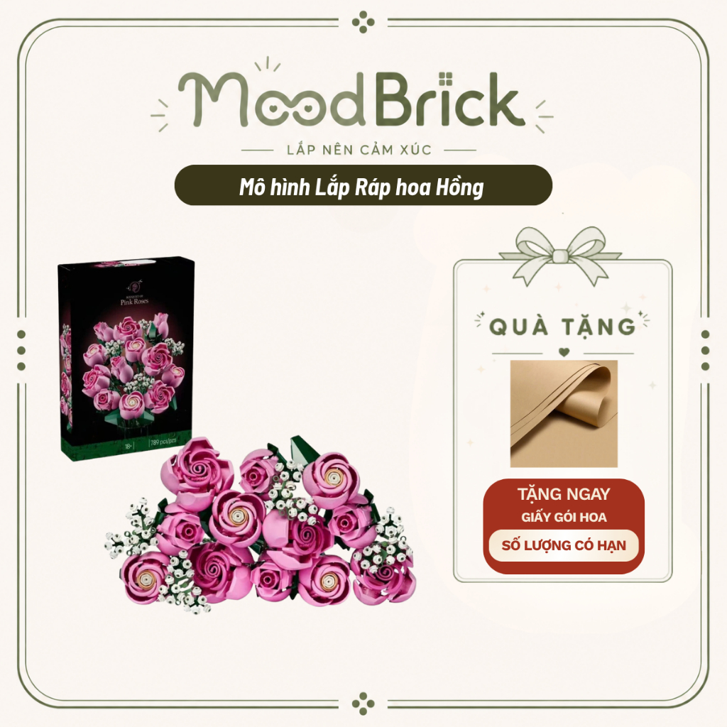 Đồ chơi lắp ráp Bó hoa Hồng Pink nghệ thuật - Xếp hình trang trí thông minh MooBrick