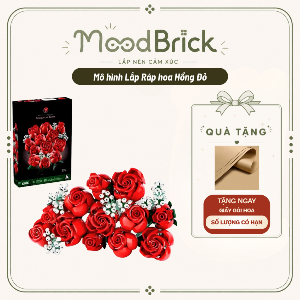 Đồ chơi lắp ráp Bó hoa Hồng Đỏ nghệ thuật - Xếp hình trang trí thông minh MooBrick