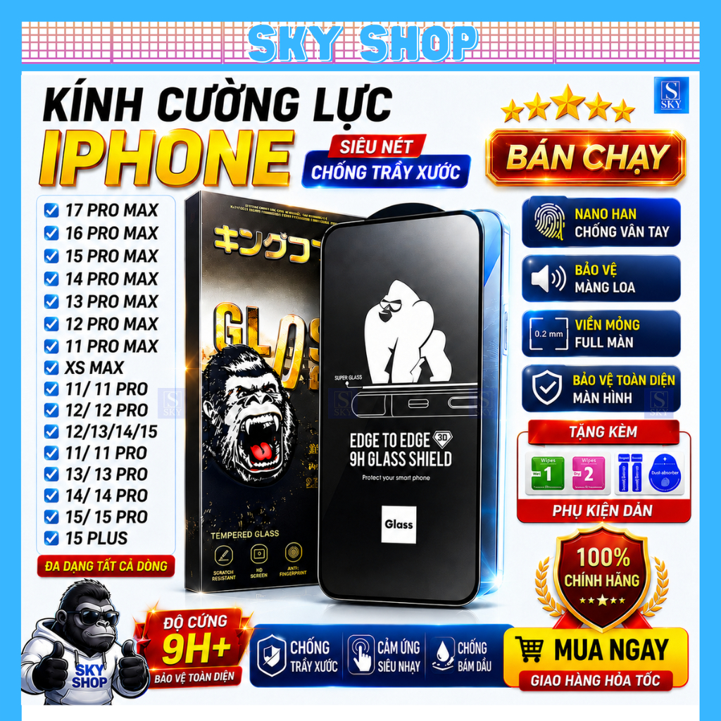 Cường lực KingKong iphone 16 Pro Max 17 ProMax 17 Air 15 ProMax 14 promax 13 12 promax 11 pro max xsmax x xs r 7 8 Plus