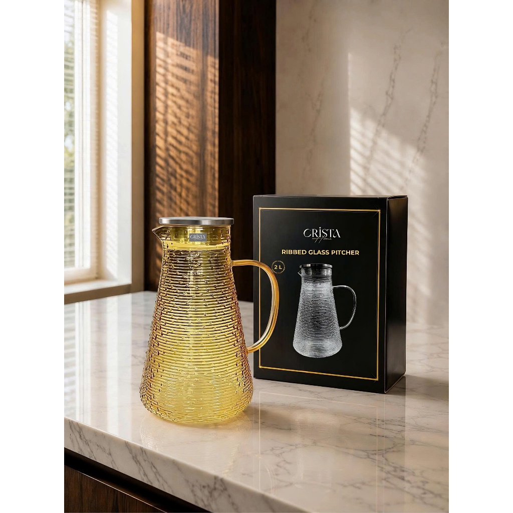 Bình Thủy Tinh Chịu Nhiệt 2L Crista Home Vân Ngang Có Nắp Inox 304 | Bình Pha Trà Detox Nóng Lạnh 60279