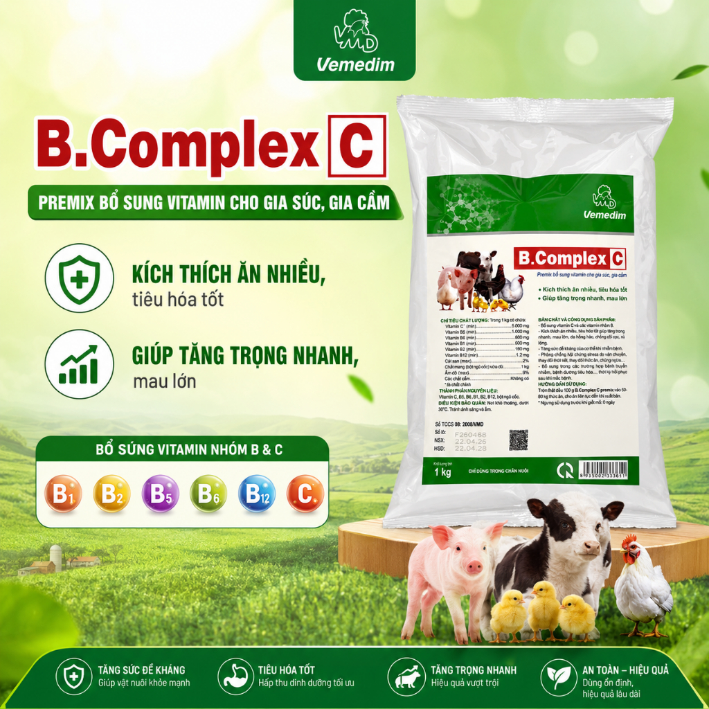 B.complex C vemedim premix giúp vật nuôi tăng trọng nhanh