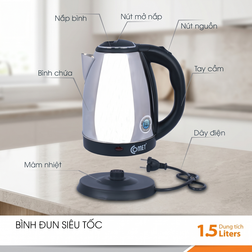 Bình Đun Siêu Tốc COMET CM8215 - 1.5L -  ( hoả tốc TPHCM ) ấm đun, đun nước siêu tốc