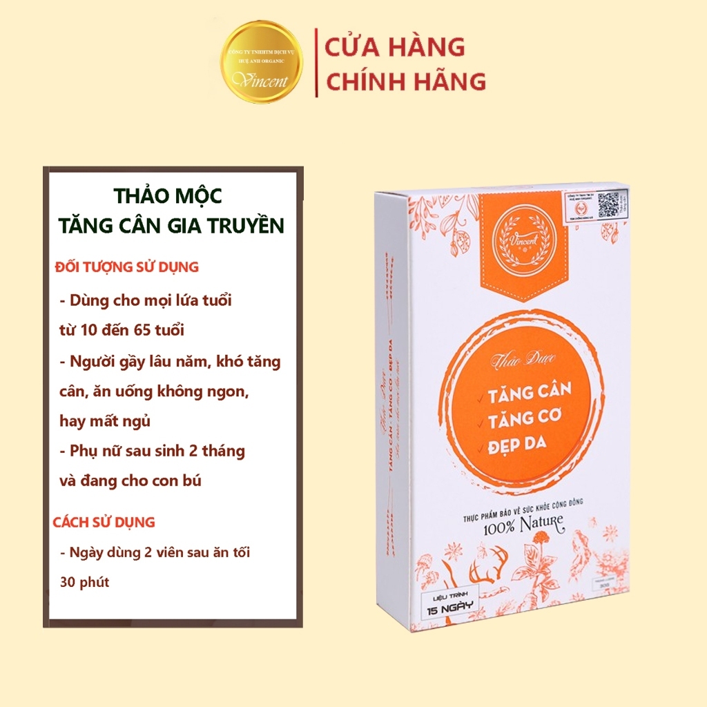 Tăng cân VINCENT chính hãng Viên Uống thảo mộc tăng cân Tư Nhiên an toàn cho cơ địa gầy lâu năm 30v