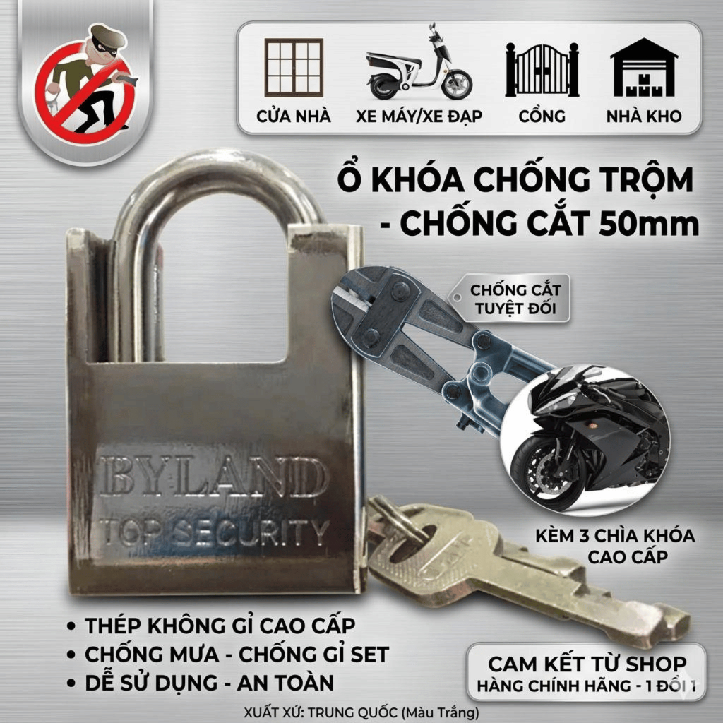 Ổ KHÓA CỬA CHỐNG CẮT THẾ HỆ MỚI, CHỐNG TRỘM BYLAND , THÉP KHÔNG GỈ 50mm – AN TOÀN TUYỆT ĐỐI