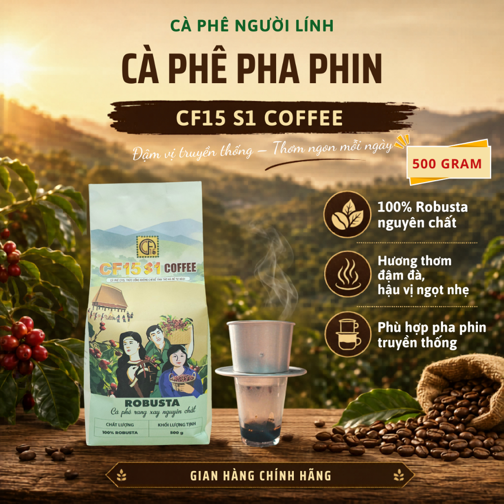 Cà Phê Rang Xay Nguyên Chất CF15 S1 500gram  – Robusta Đậm Đà | Cà Phê Người Lính