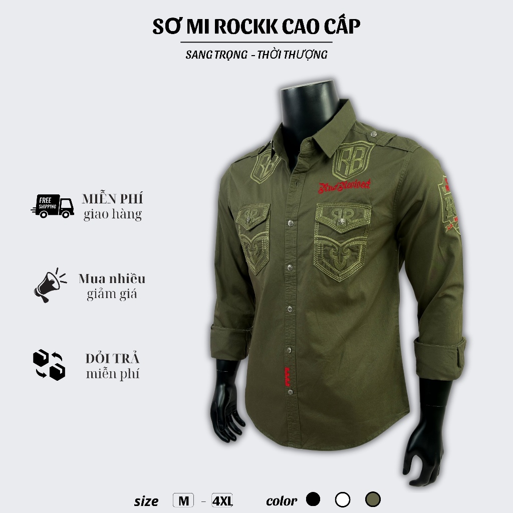 Sơ Mi Rock Classic Cao Cấp Thêu Họa Tiết Sư Tử Chỉ Ẩn - Vải Kaki Tôn Dáng, Cúc Kim Loại Đẳng Cấp 073