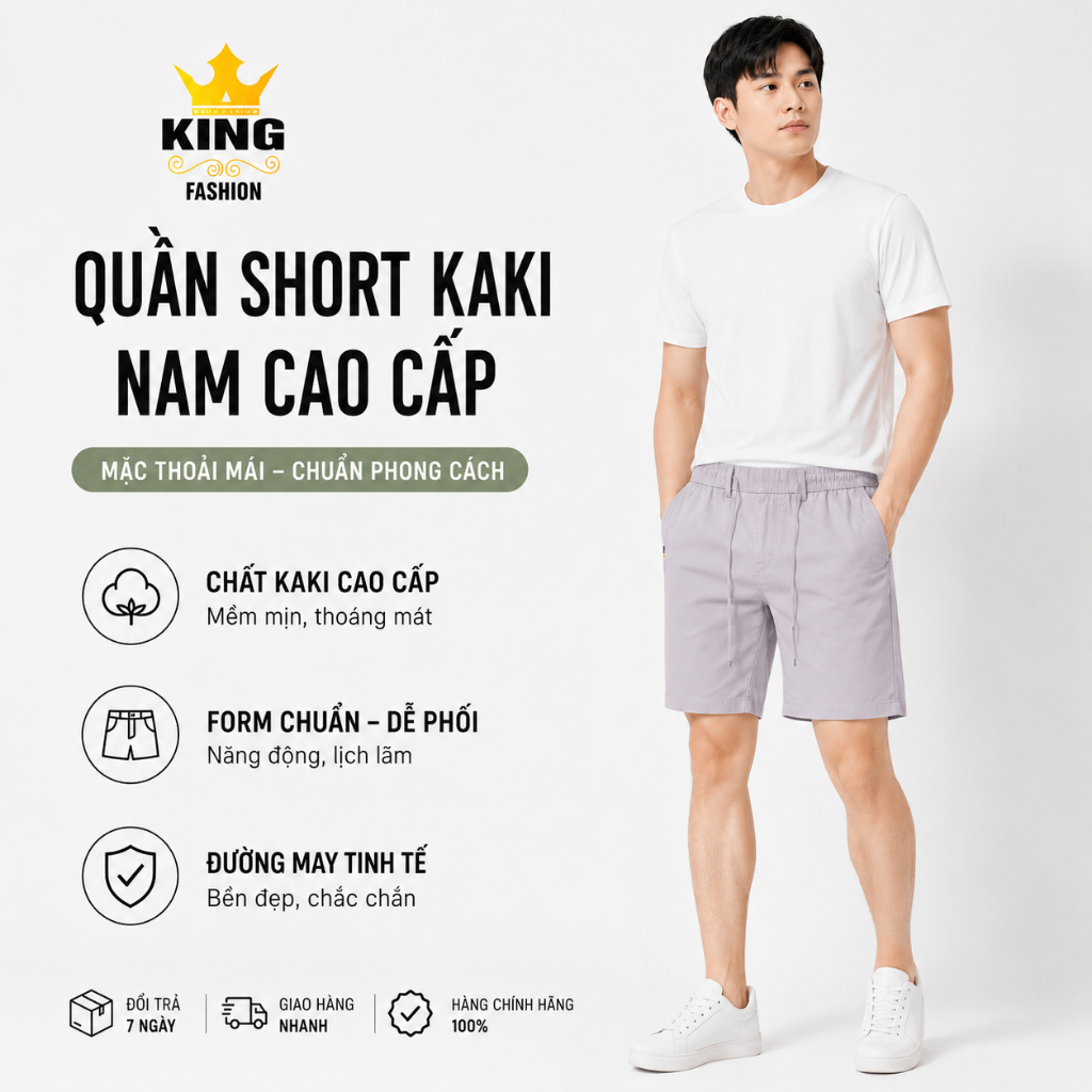 Quần Short Cao Cấp Lưng Thun KING FASHION Thiết Kế Dây Rút Có Khóa Kéo Vải Co Giãn Trẻ trung