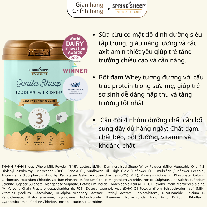 [NHẬP KHẨU] Sữa Cừu Lon Số 3 Spring Sheep 800G Đạm A2 Cho Bé Tiêu Hóa Khỏe, Đủ Tem Phụ Date 2028
