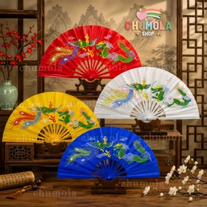 Quạt xếp Long Phụng quạt múa võ thuật Thái cực quền bằng nhựa cầm tay in hình rồng phượng phong cách Trung Hoa cổ trang