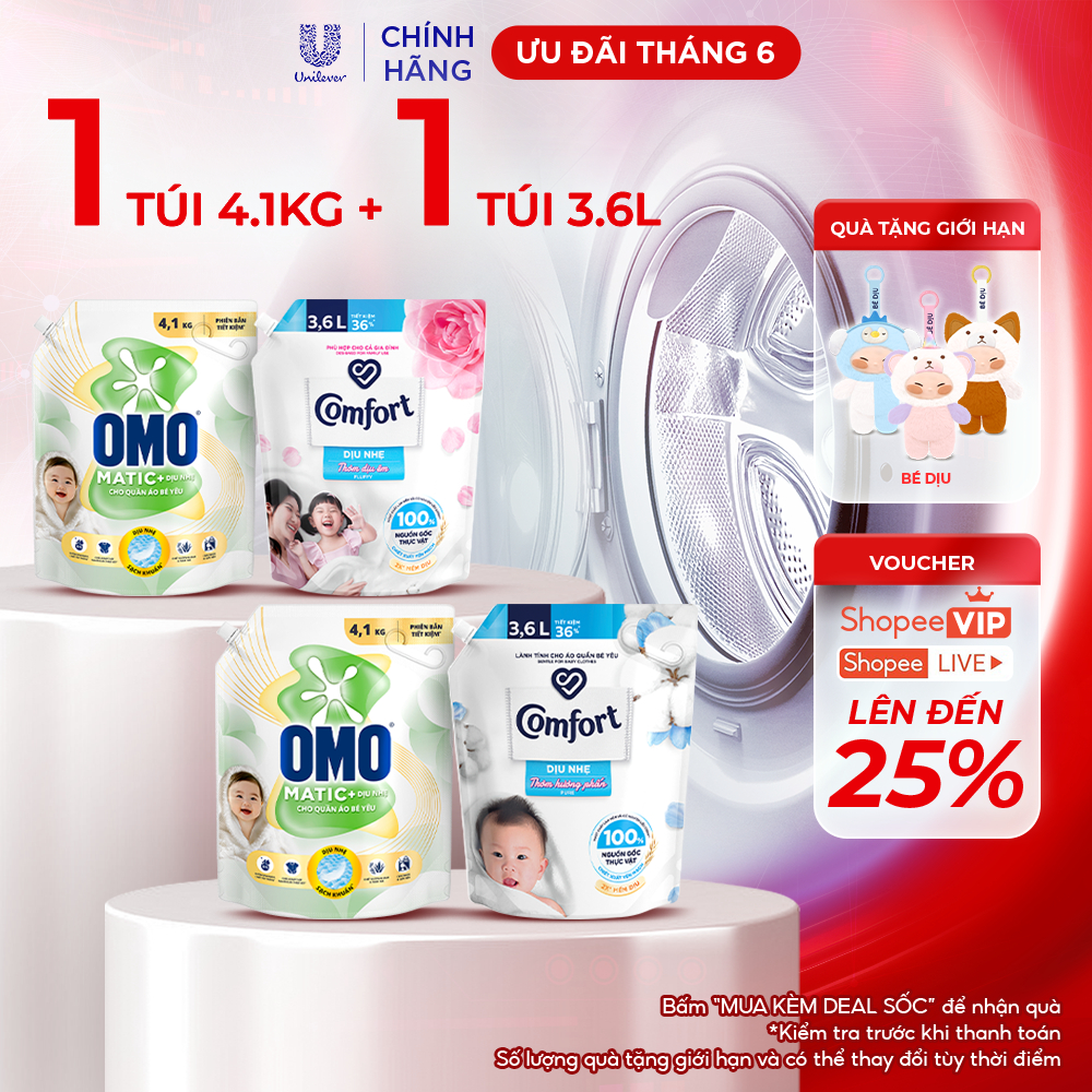 Combo Túi Nước Giặt Omo Matic Cho quần áo bé yêu 4,1kg + Nước Xả Vải Comfort Dịu Nhẹ Túi 3,6L