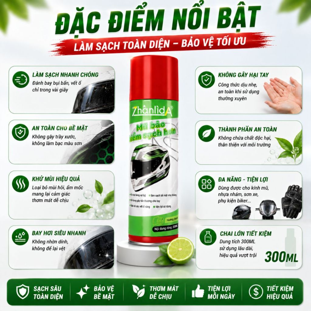 Xịt vệ sinh mũ bảo hiểm diệt khuẩn khử mùi hôi làm sạch nhanh Zhanlida 300ml