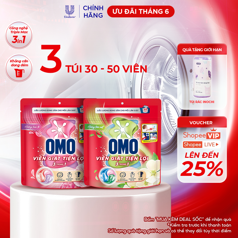 Combo 3 túi viên giặt tiện lợi OMO 3 trong 1 (30 viên/50 viên)