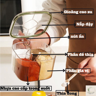 2 Hộp đựng gia vị 4 ngăn trong suốt ,Hộp gia vị chia ngăn có nắp đậy kèm thìa tiện lợi, chống ẩm ướt chống côn trùng