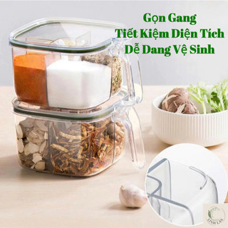 2 Hộp đựng gia vị 4 ngăn trong suốt ,Hộp gia vị chia ngăn có nắp đậy kèm thìa tiện lợi, chống ẩm ướt chống côn trùng