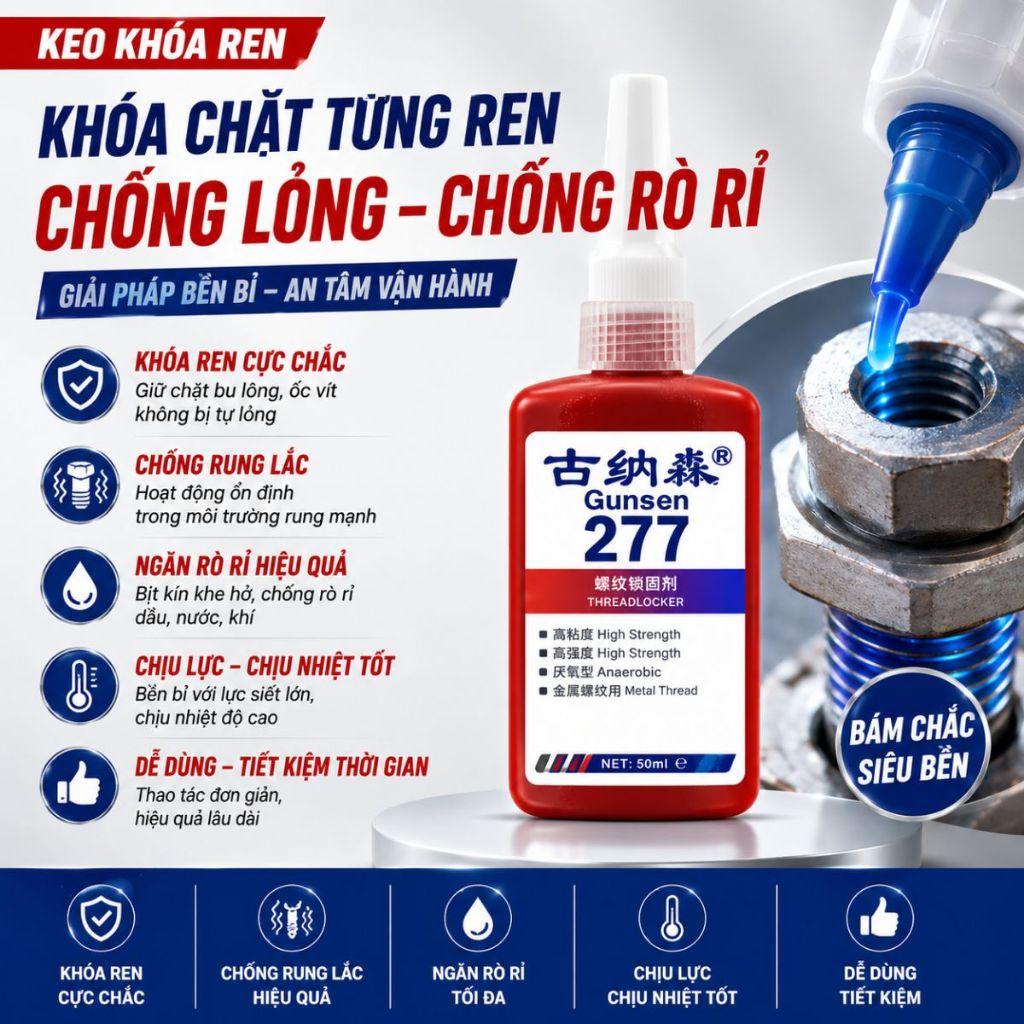 Keo khóa ren ốc chịu nhiệt Gunasen keo dán ốc vít bulong chống lỏng kim loại chai 50ml