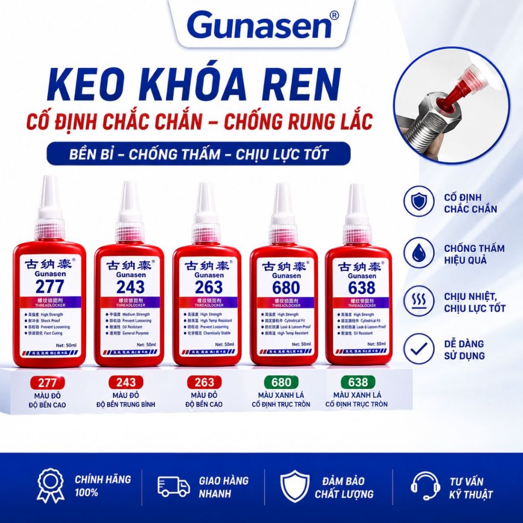 Keo khóa ren ốc chịu nhiệt Gunasen keo dán ốc vít bulong chống lỏng kim loại chai 50ml